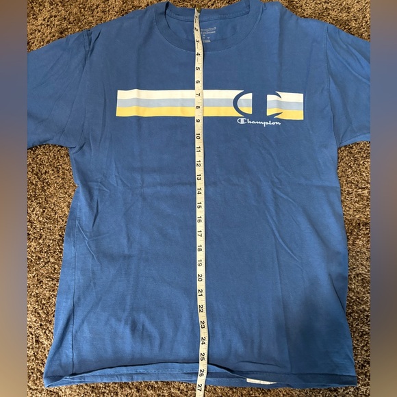EUC Champion Shirt Blue Spell Out Logo Striped Short Sleeve Adult M Unisex - Picture 5 of 7